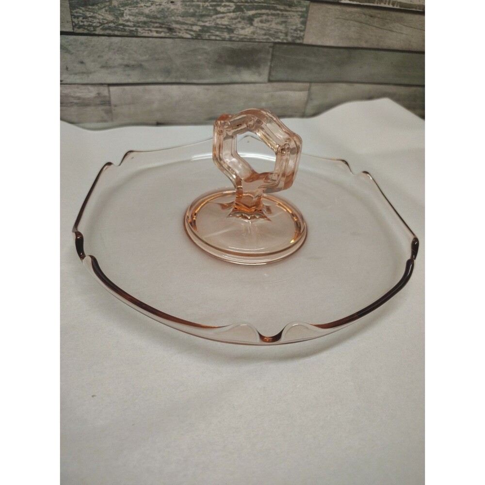 Vintage Pink Depression Glass Cookie Serving Plate With Center Handle MCM